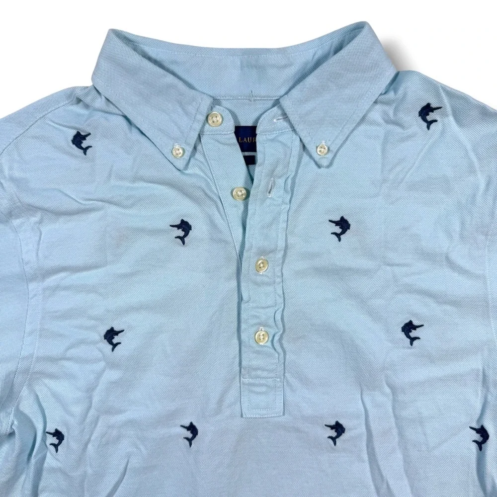 Ralph Lauren Polo Shirt Mens Medium Blue Marlin Fish Knit Oxford Short Sleeve